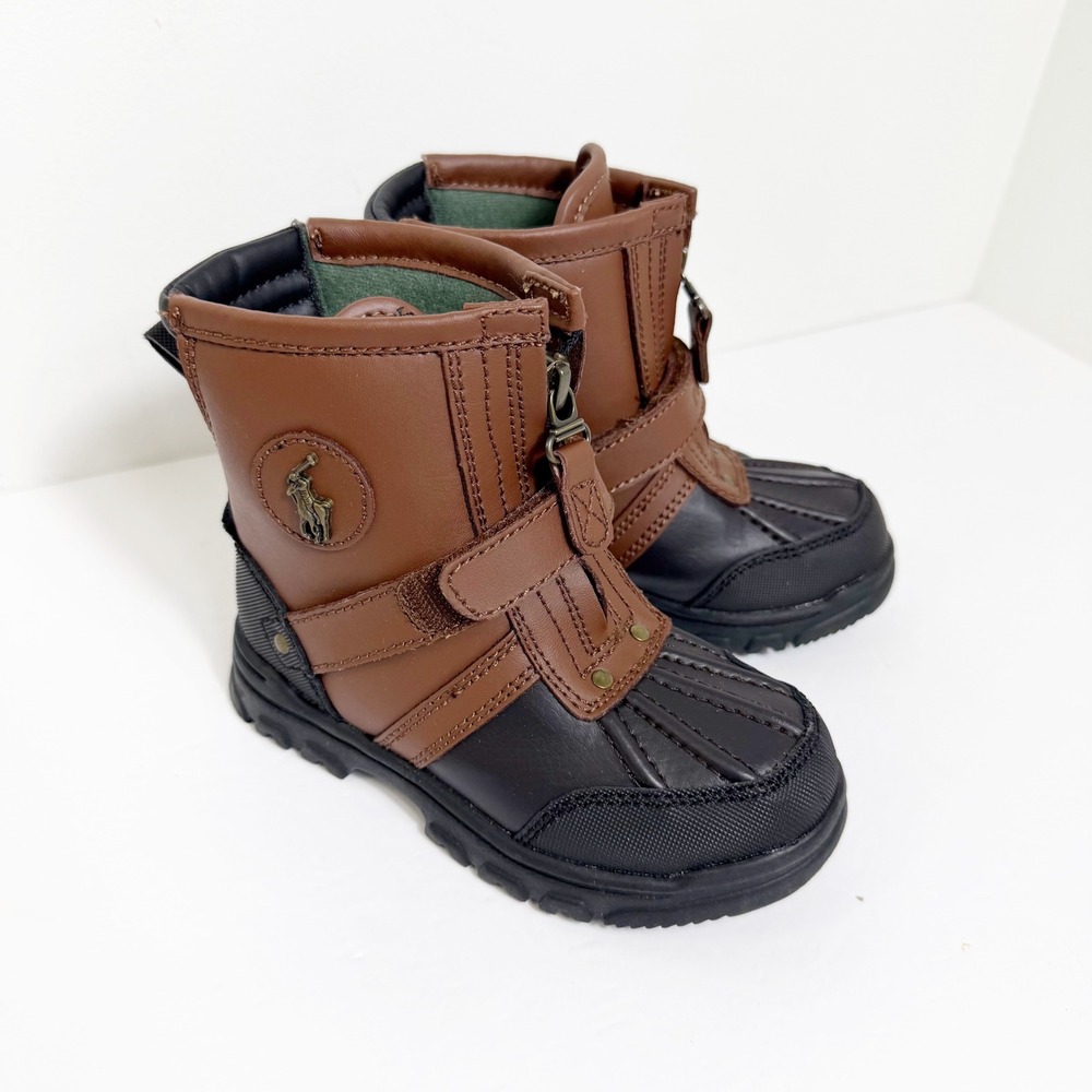 Polo Ralph Lauren Kids Conquered Boots Kids Sz 10 Brown Black Leather Zip Winter